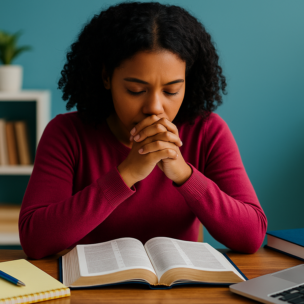 A person studying the Bible with notes on how to study the Bible